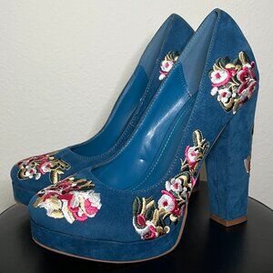 SHOE REPUBLIC LA Blue Suede Floral BOHO CHIC Round Toe Platform Chunky Heel US 9